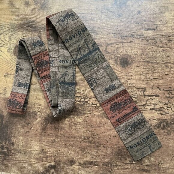Vintage 1960s Square End Batik Tie Brown Carriage & Buggy Sailing Ship Print - Picture 1 of 6